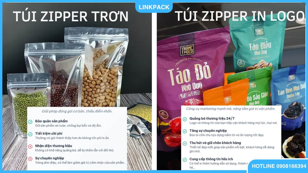 So sánh túi zipper trơn và in logo