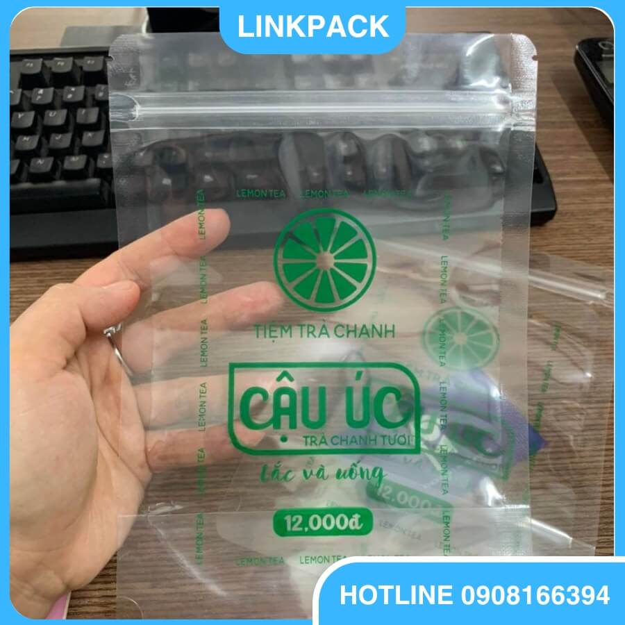 túi zipper 2 mặt trong suốt đáy đứng in logo